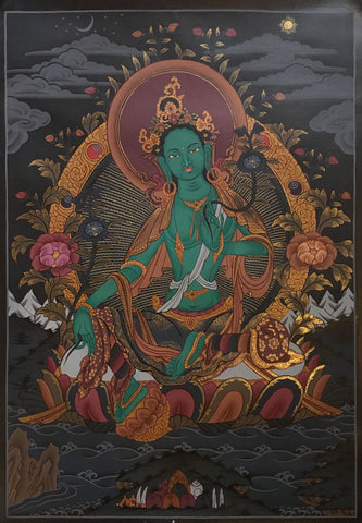 Green Tara Black Canvas Thangka 55x40cm NTH58